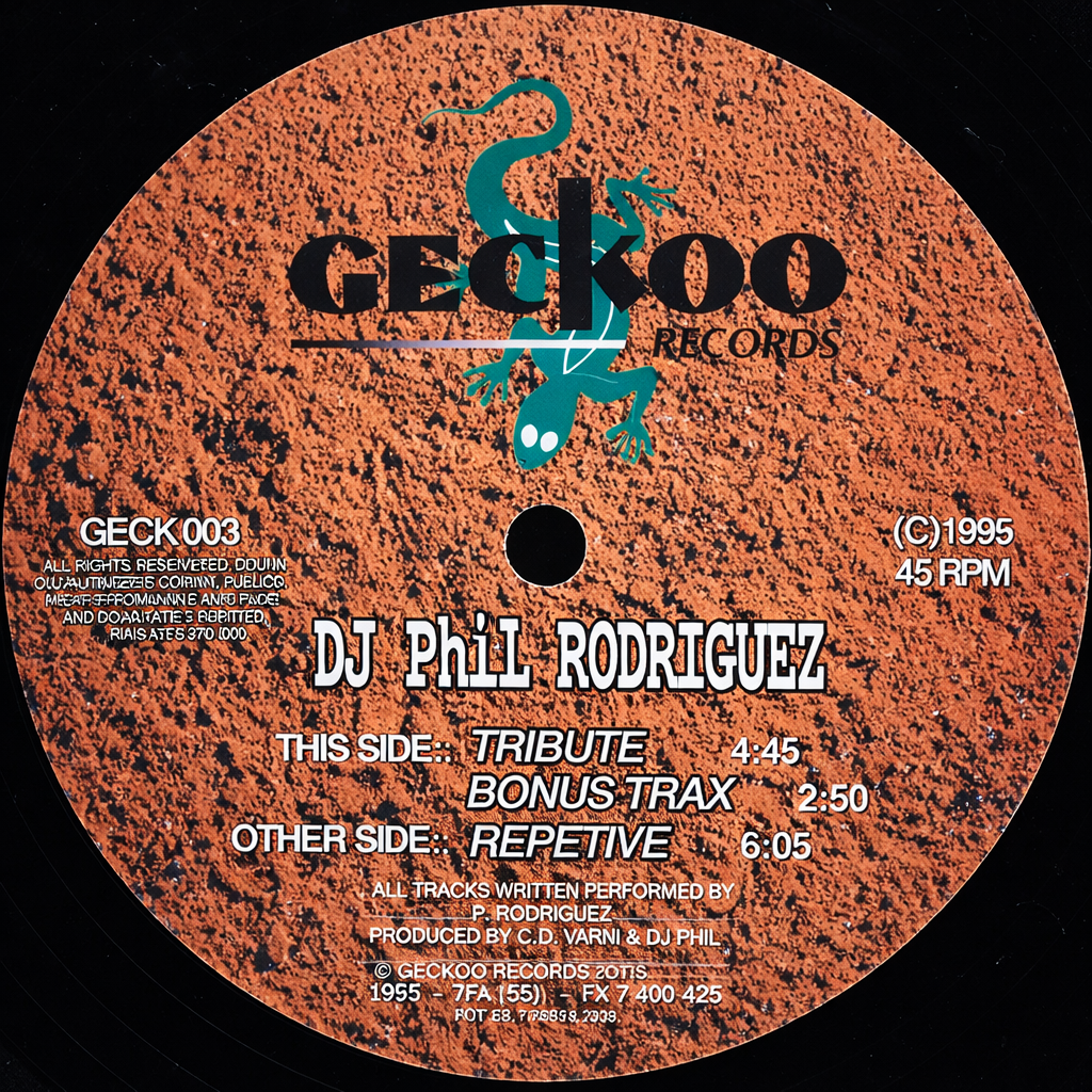 Original GECK 003 label by DJ Phil Rodriguez, released in 1995