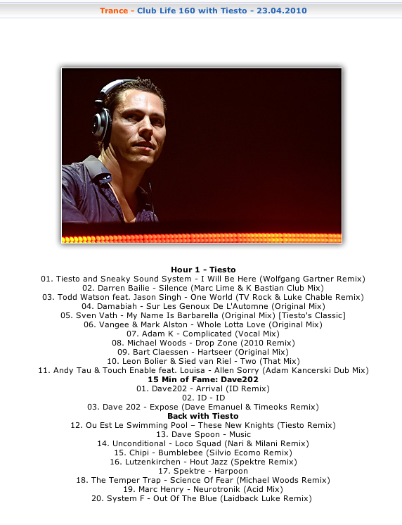 Tracklist of Tiësto Club Life 160 with Marc Henry Neurotronik Original Acid Mix at number 19