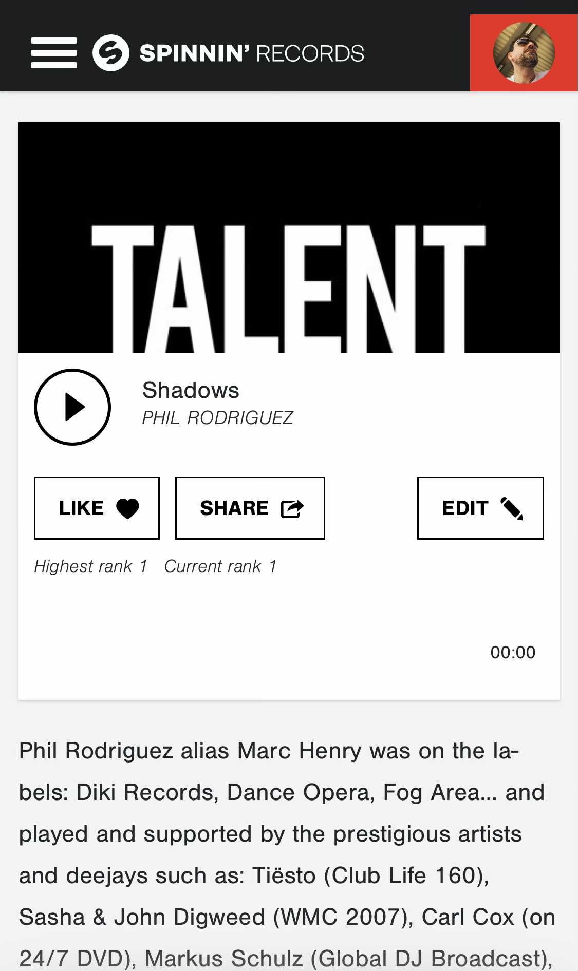 Shadows by Phil Rodriguez showing highest rank number one in Spinnin’ Records Talent Pool