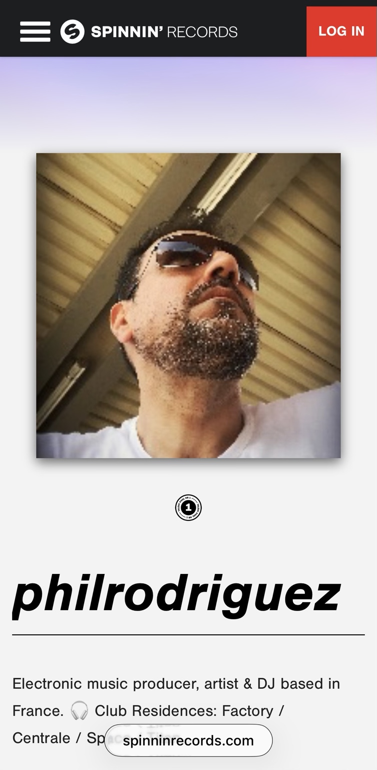 Phil Rodriguez Spinnin’ Records profile showing a number one badge