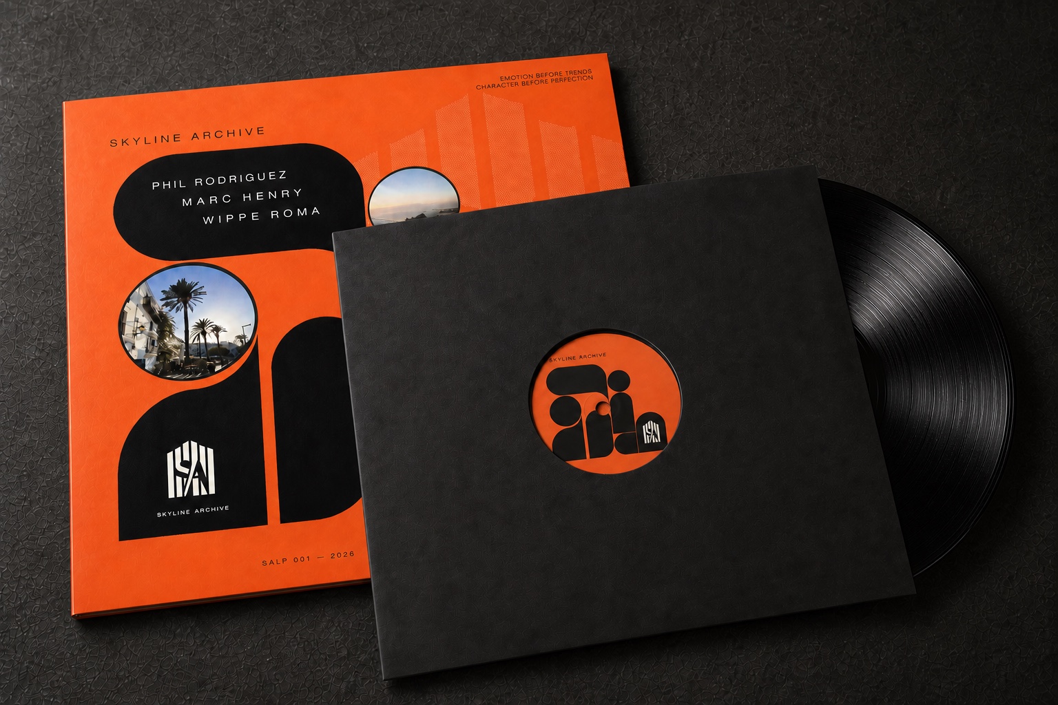 SALP 001 product visualisation with orange outer sleeve, black two-hole inner sleeve and black vinyl