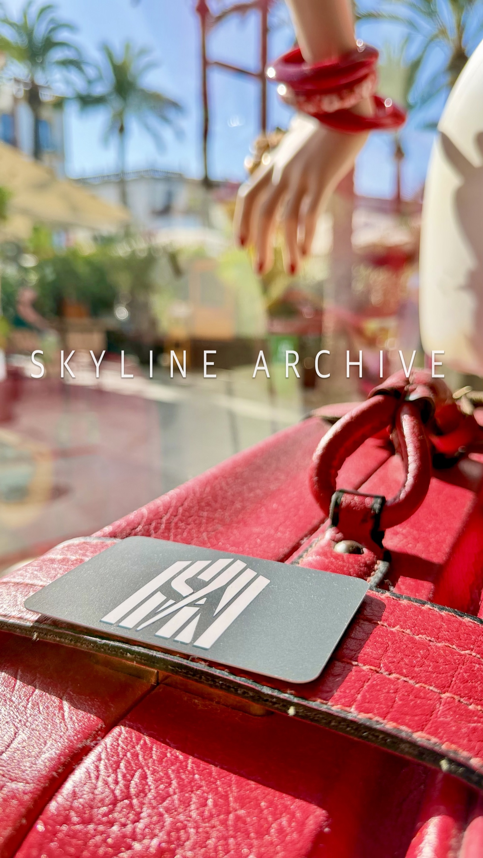 Skyline Archive metal card photographed on a red leather bag in the Ibiza sunlight